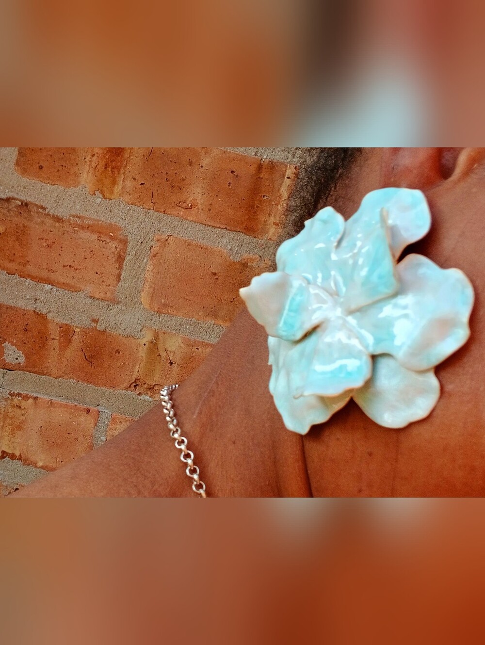 Turquoise Ceramic Look Metal Flower Statement Ring
